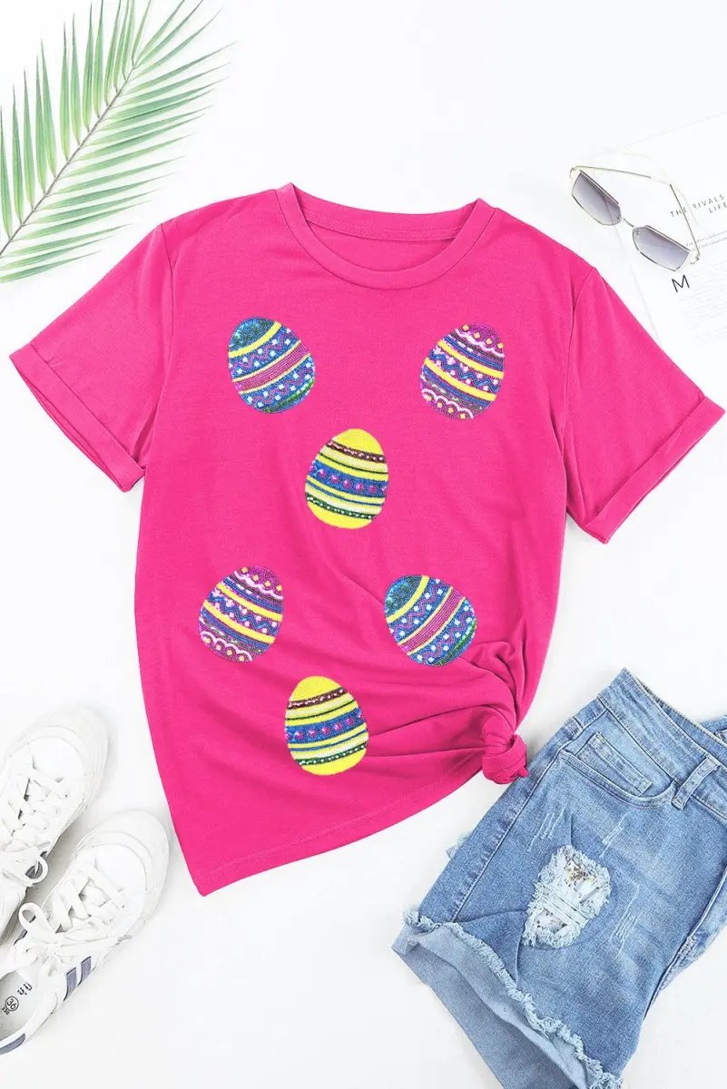 Rose Red Sequin Easter Egg Graphic Casual T Shirt for Women - Love Salve